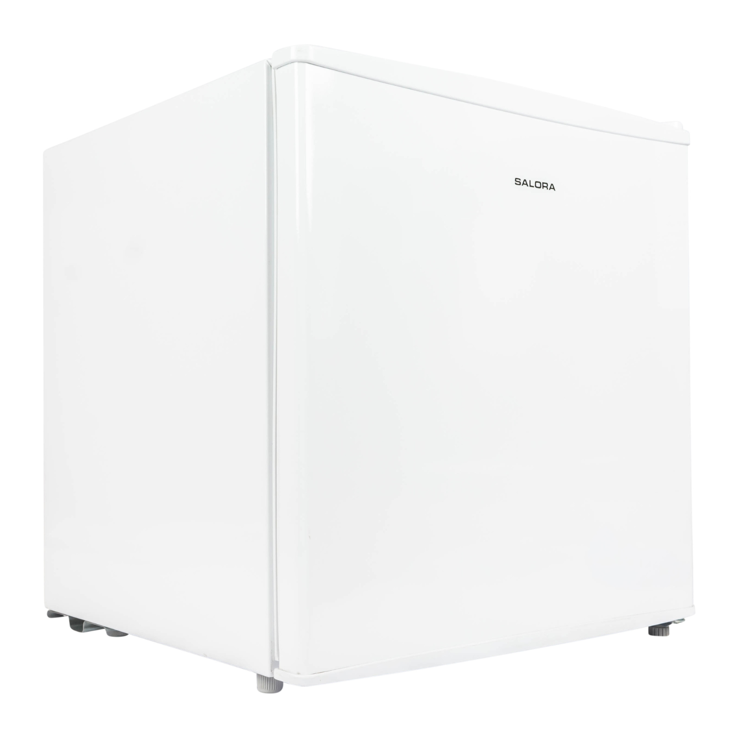 A white mini-refrigerator. The brand name SALORA is visible on the door. It has a boxy shape and is set against a white background.