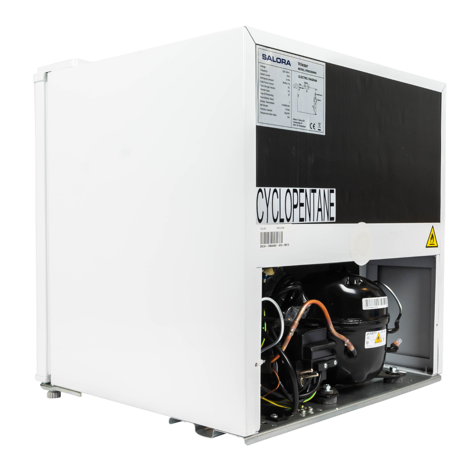 White Salora Vriezer refrigerator. Black compressor and components visible. Text labels and warnings are present.