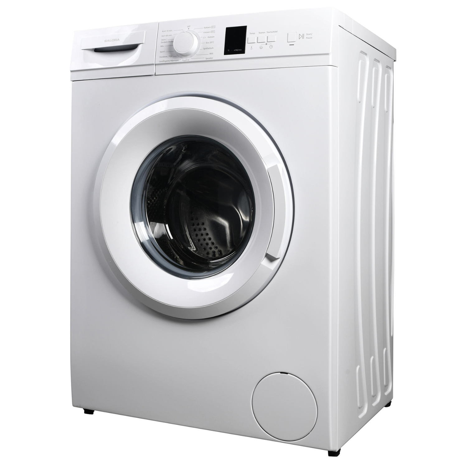 A white washing machine with a round door and control panel. The machine is on a white background.