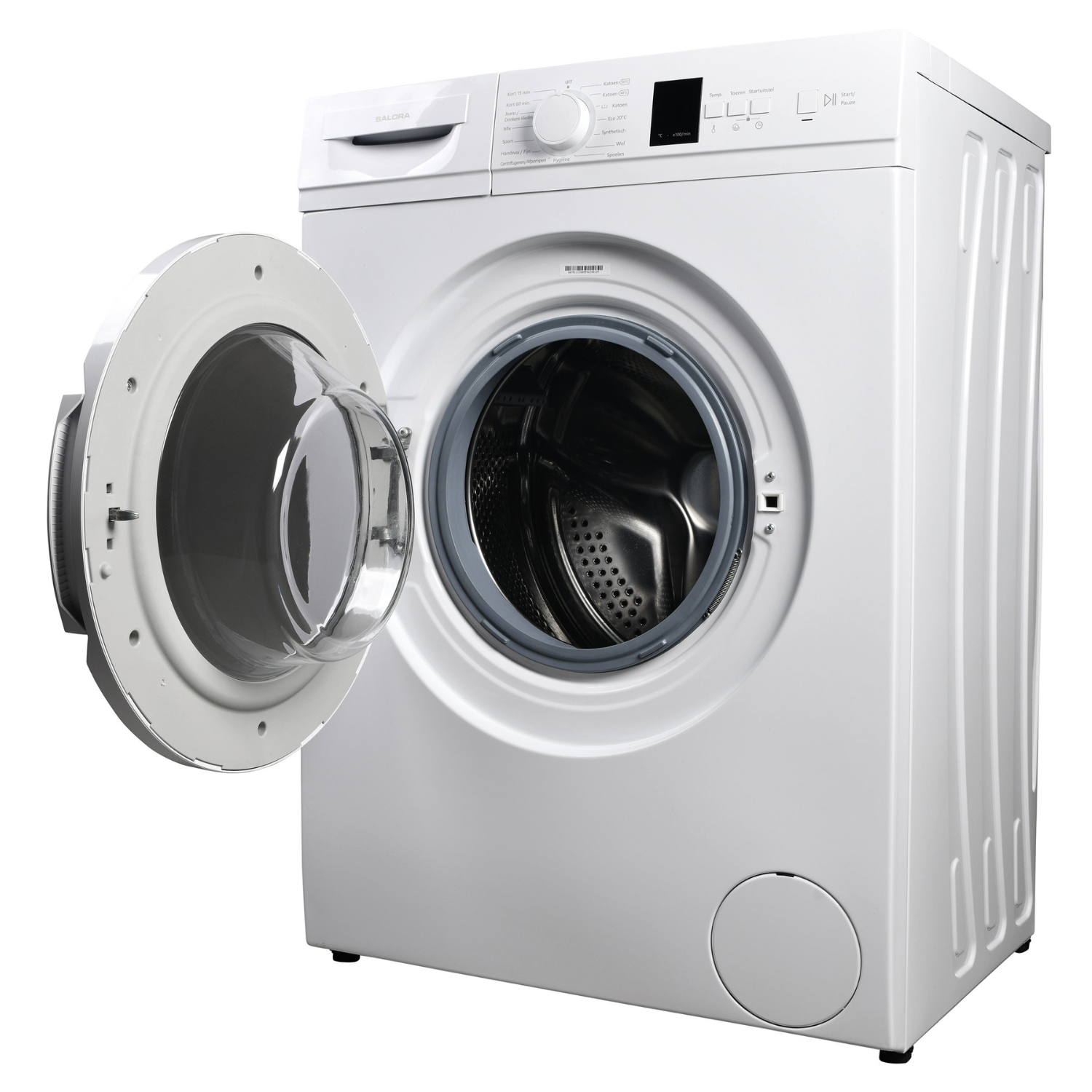 A white washing machine with the door open. The control panel is visible. The drum is metallic.