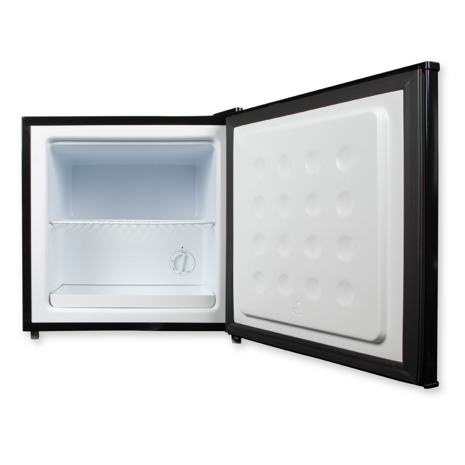 A small black refrigerator with the door open. Inside, a shelf and a control dial are visible. The door's interior is white.