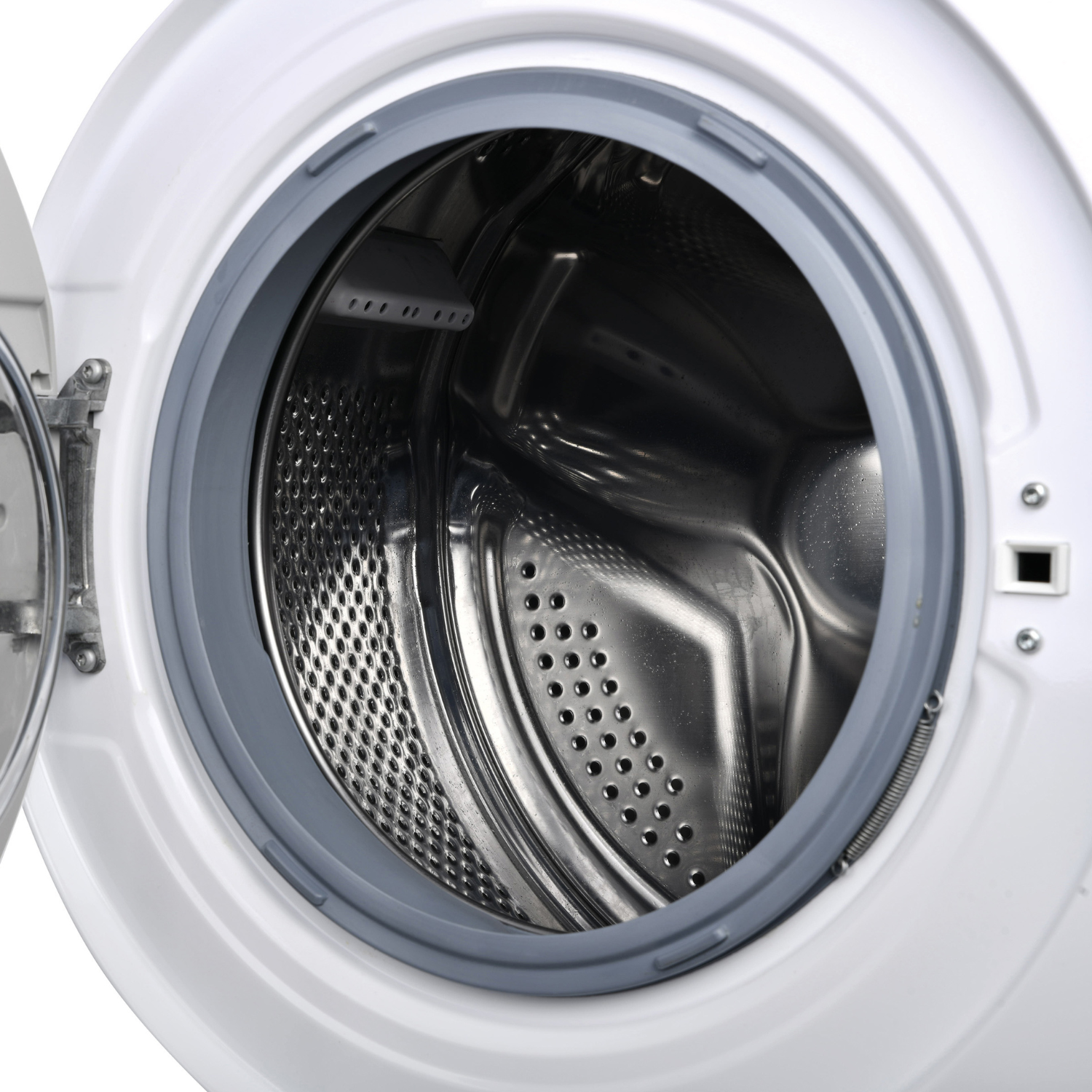 Close-up of a washing machine door. White frame, gray seal, and stainless steel drum interior. Open door revealing the inside.