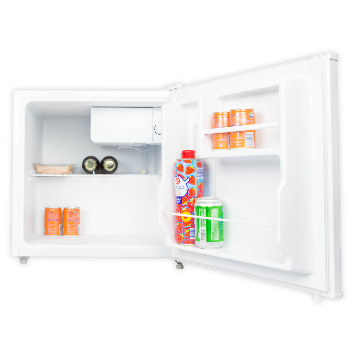 A small, open white refrigerator. Inside are drinks like juice and soda. Some cans and bottles are visible on the shelves.