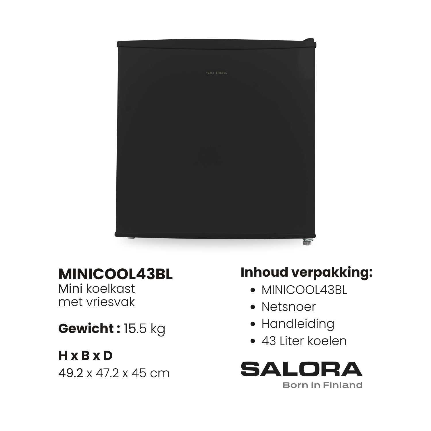 Een zwarte mini-koelkast met tekstdetails: modelnaam, afmetingen, gewicht en inhoud van de verpakking. Het merk 'Salora' is ook zichtbaar.
