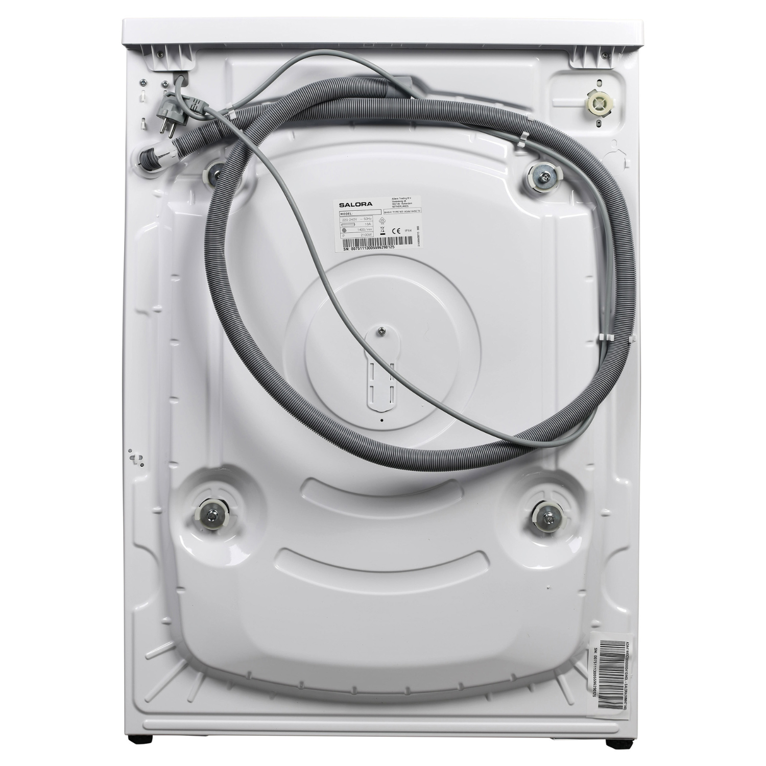 Back of a white washing machine. Gray hoses, power cord, and a label with text are visible. The machine sits on a white background.