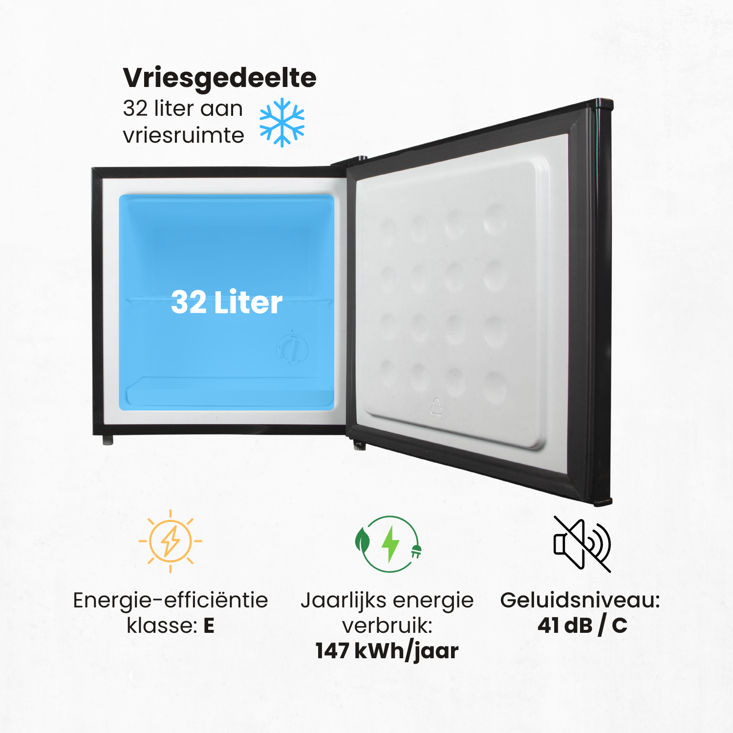 Open mini fridge showing freezer. Text indicates 32 liter capacity, energy efficiency E, and 41dB noise level.
