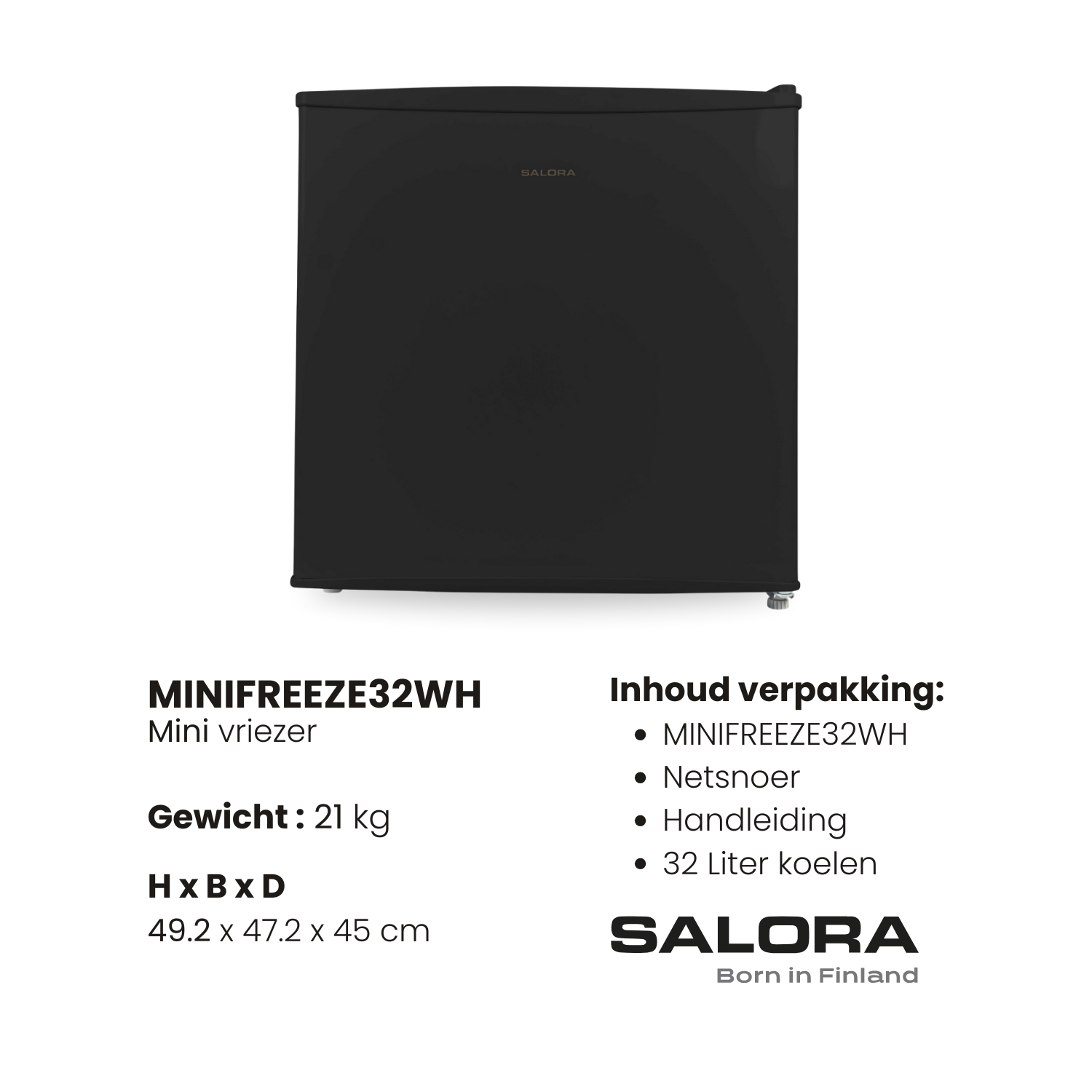 A black mini-fridge with the brand name 'SALORA'. Text indicates the model 'MINIFREEZE32WH', weight, and dimensions, plus package contents.