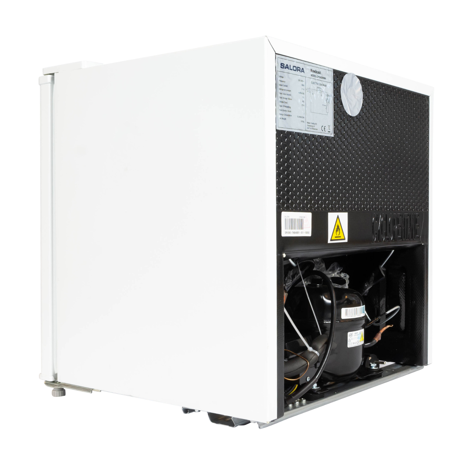 A white and black refrigerator component. It has a black mesh back, a compressor, and a sticker with information on it.