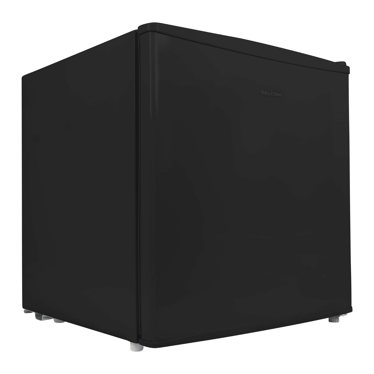 A black mini-fridge with the brand name 'SALORA'. It has a rectangular shape with a door and small legs.