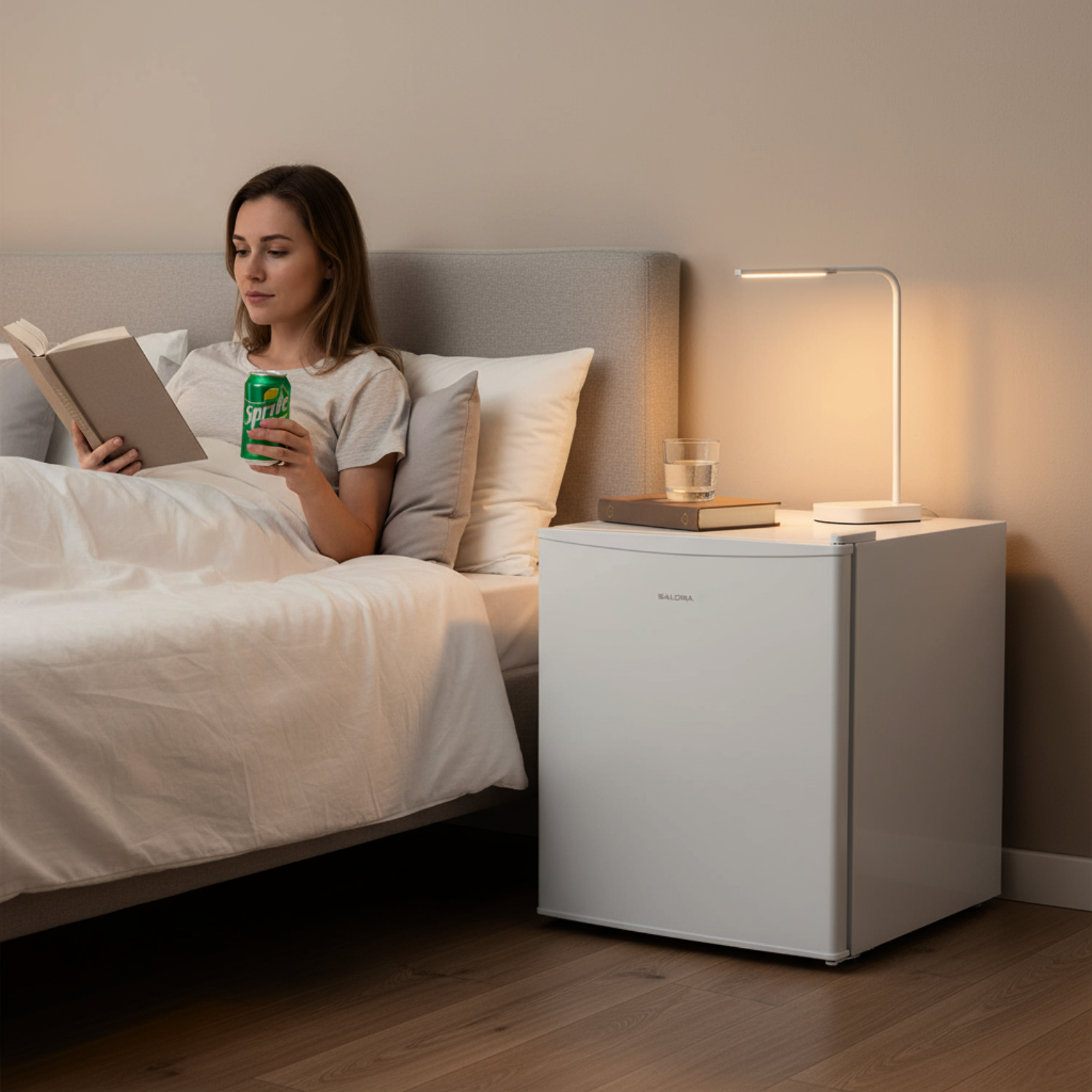 Woman in bed reading and holding a soda. Beside her is a mini fridge and lamp on a nightstand. White bedsheets.