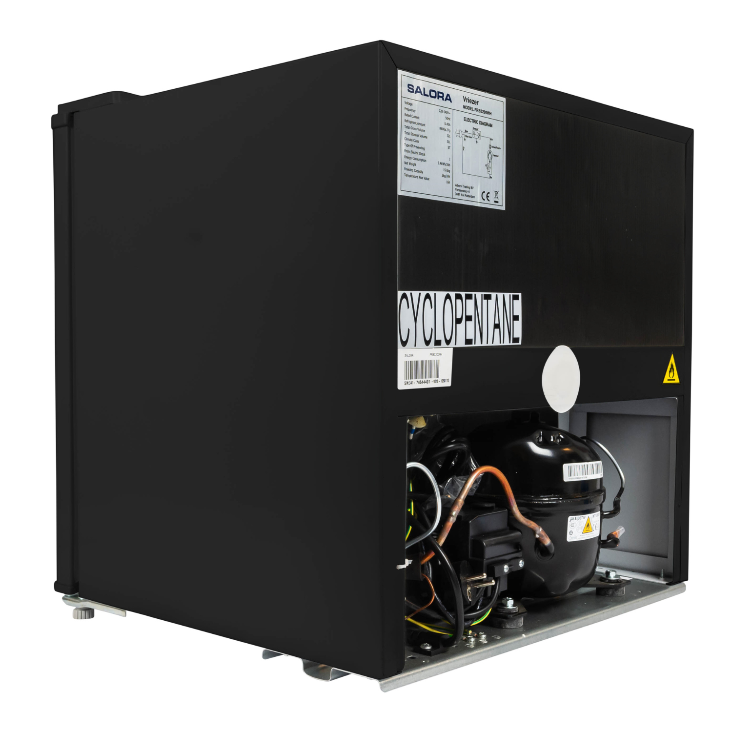 A black freezer unit, with an open back showing the compressor and electrical components. The freezer has a Cyclopentane sticker.