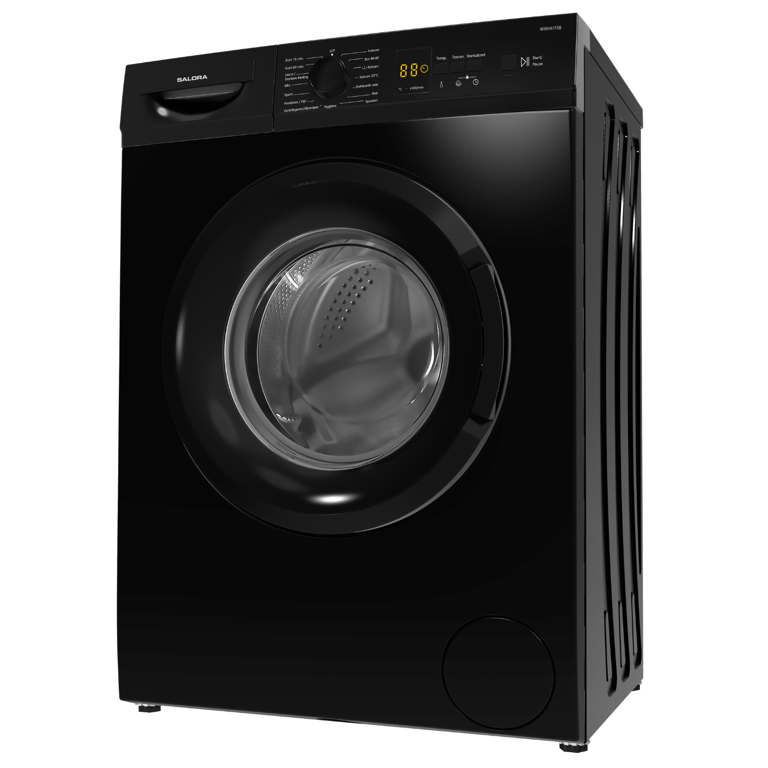A black washing machine with a digital display showing 88 degrees. It has a circular door and control panel.