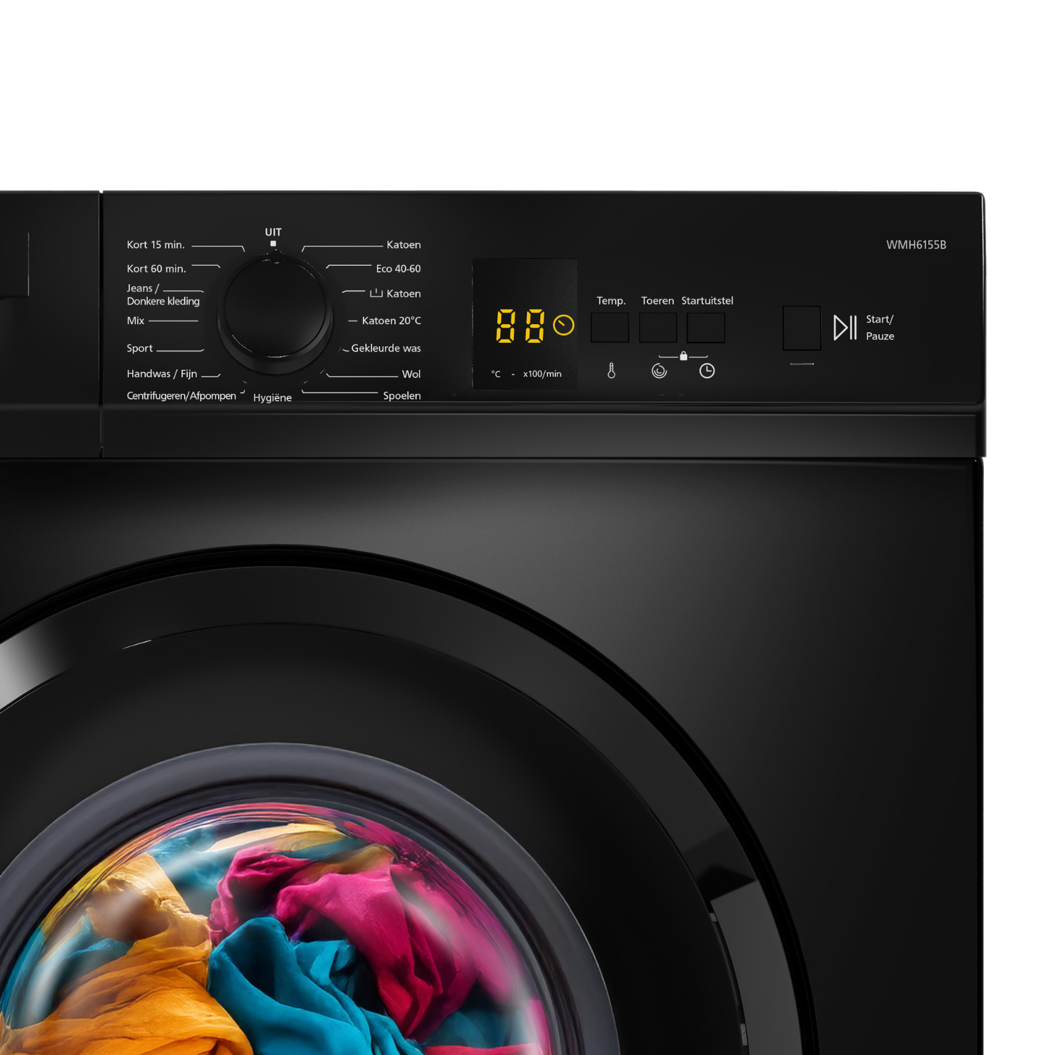 A black washing machine with a dial, digital display, and a glass door showing colorful clothes inside.