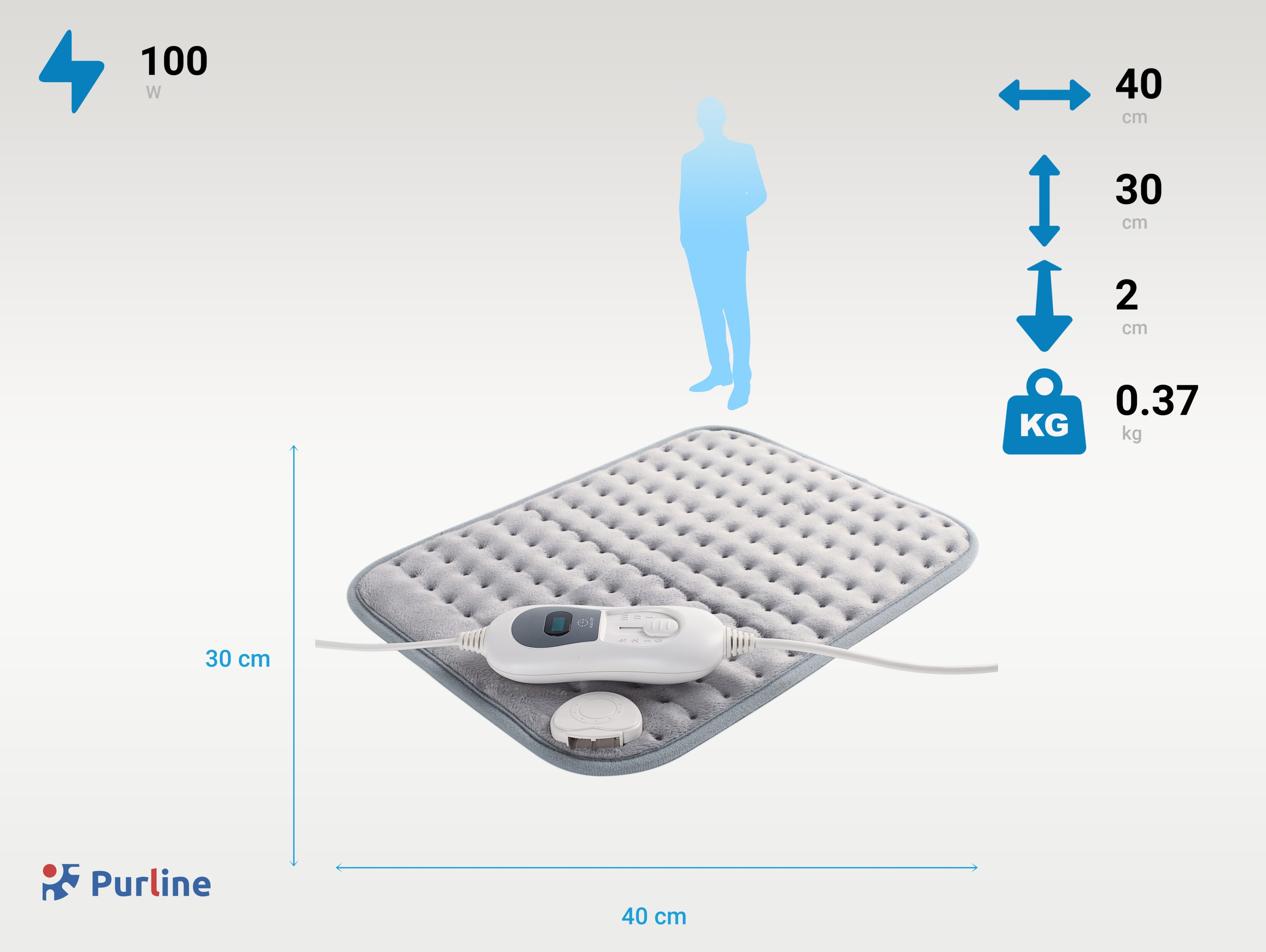 Una almohadilla térmica eléctrica gris con panel de control, dimensiones y detalles de energía sobre fondo claro.