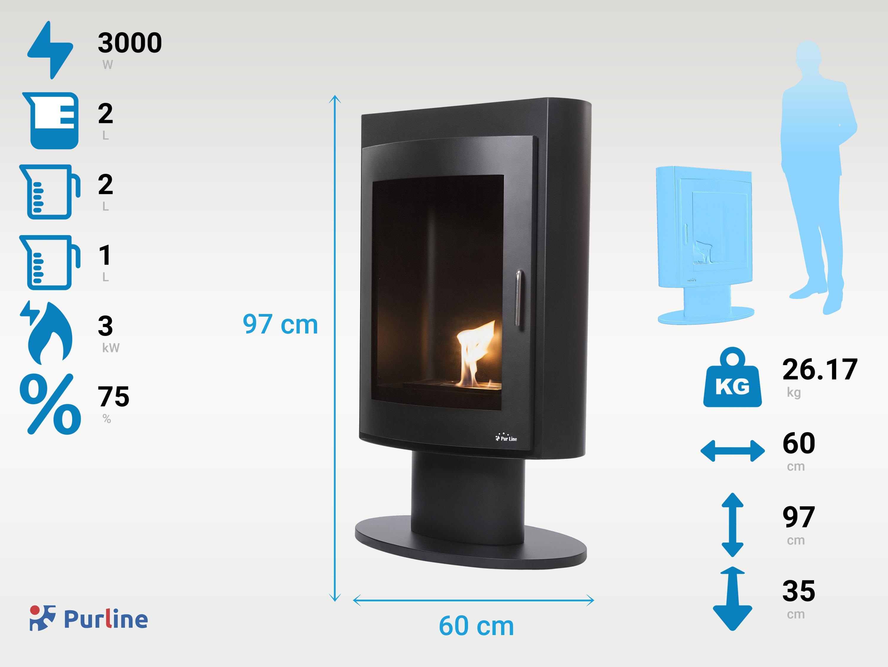 Una chimenea negra con llama. Tiene especificaciones como 97 cm de altura, 60 cm de ancho y 26,17 kg de peso.