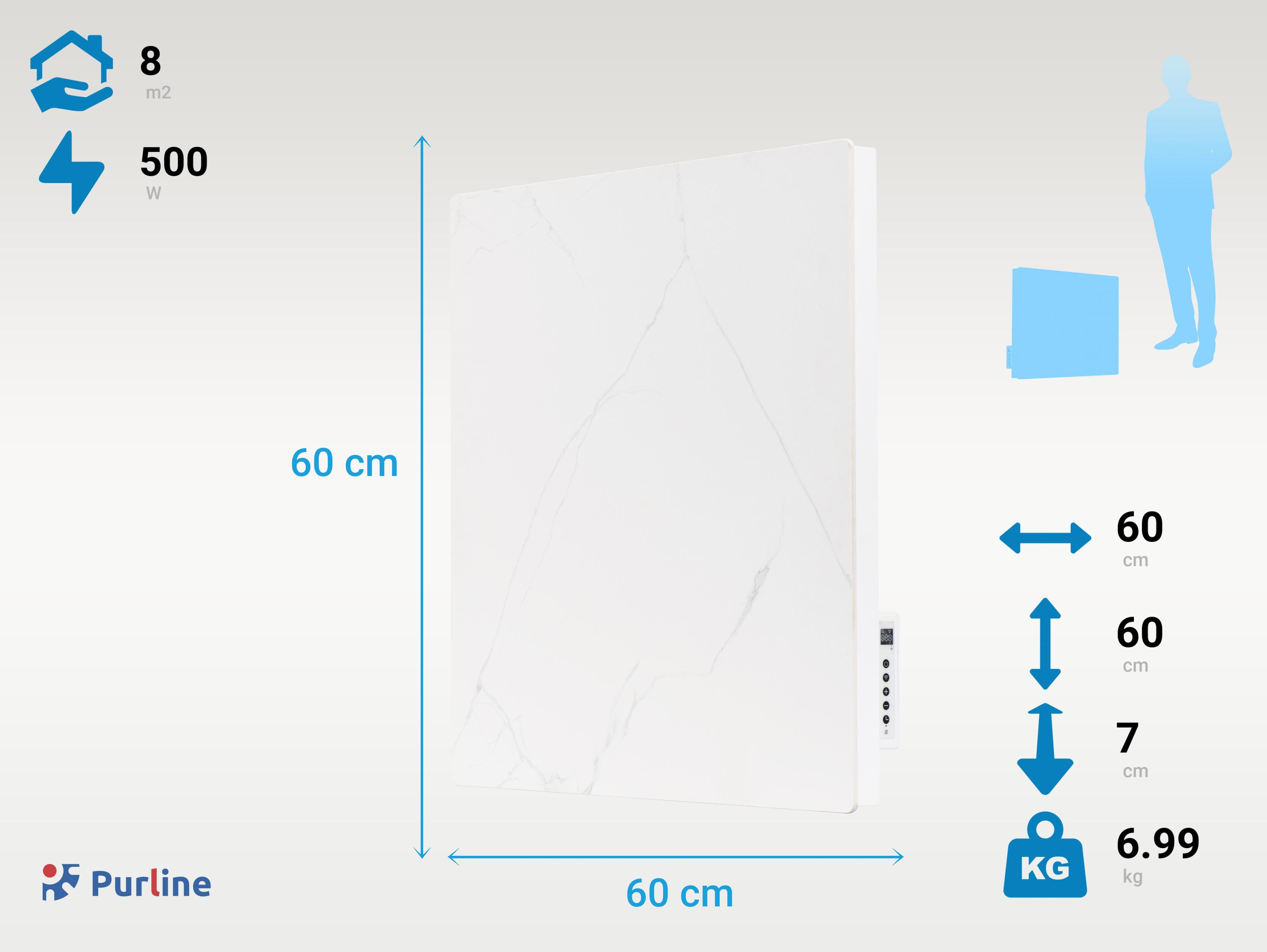 Calentador eléctrico blanco con diseño de mármol, dimensiones y especificaciones. Silueta de hombre al lado.