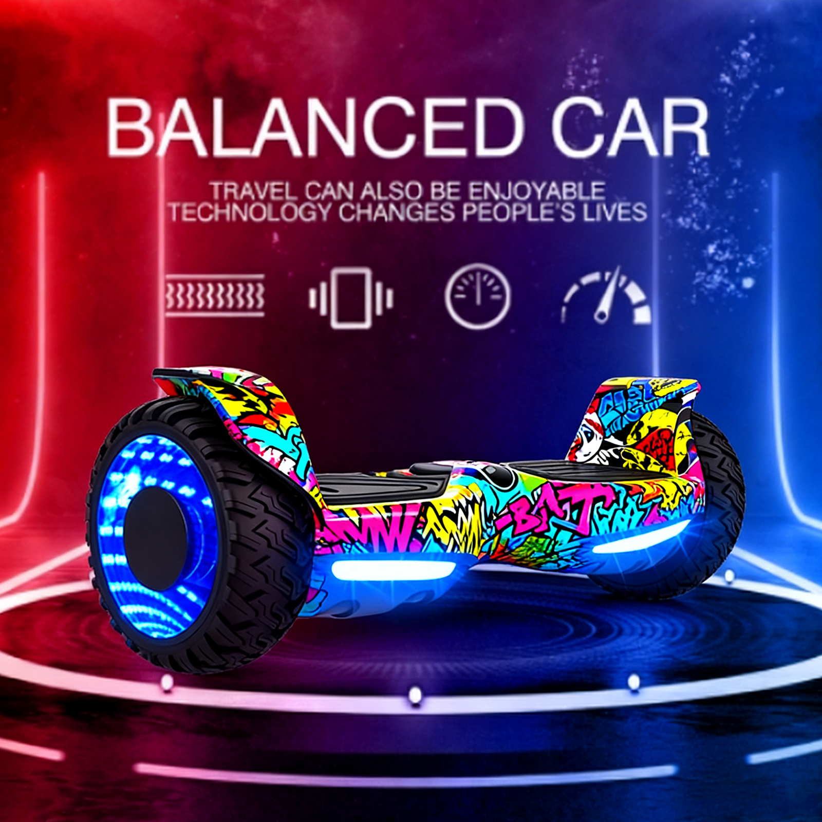 Un hoverboard colorido con arte de graffiti. Tiene luces azules en las ruedas y en los bajos. El fondo es rojo y azul.