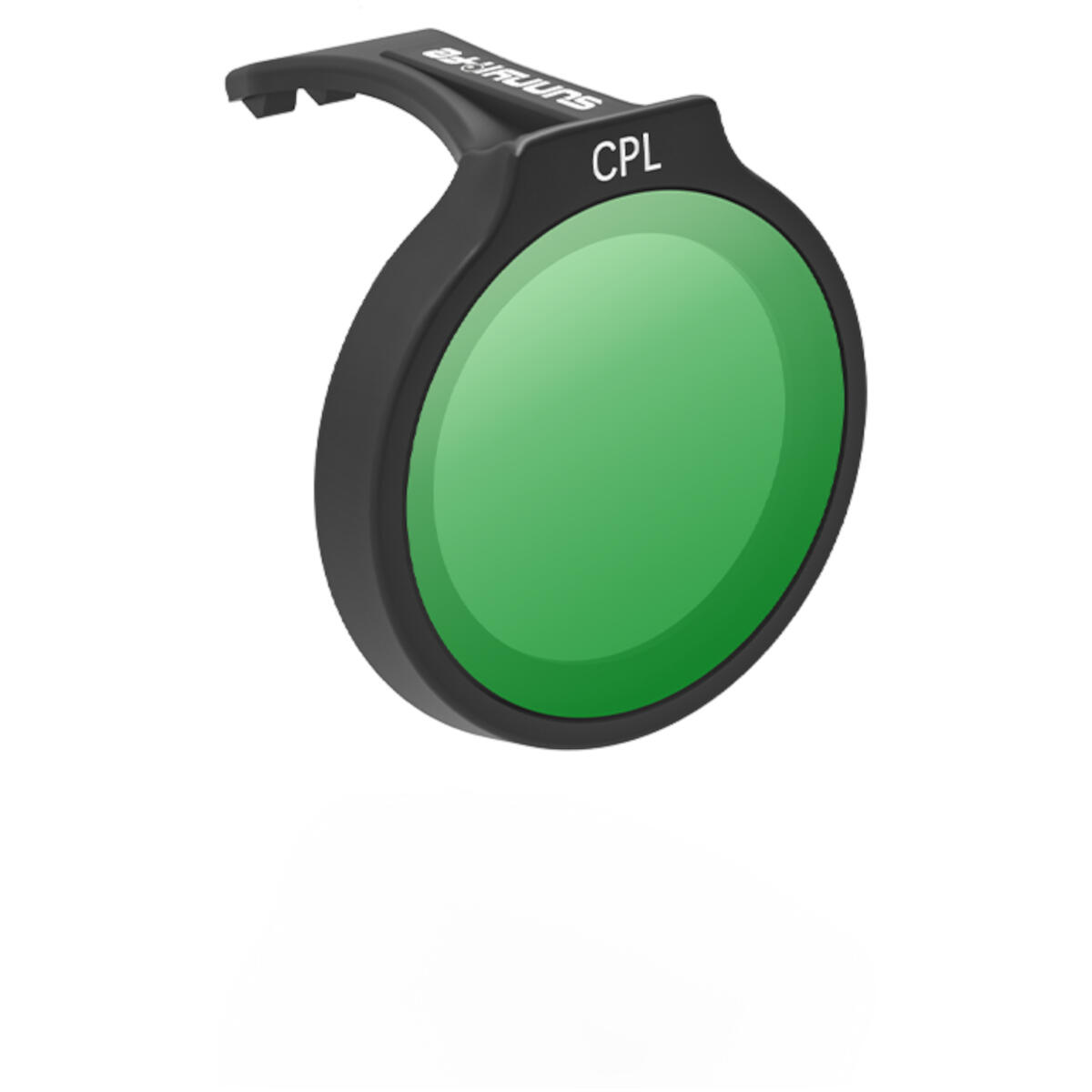 Een zwart camerafilter met een groene lens. Het filter is gemarkeerd met 'CPL' en heeft de merknaam bovenaan.