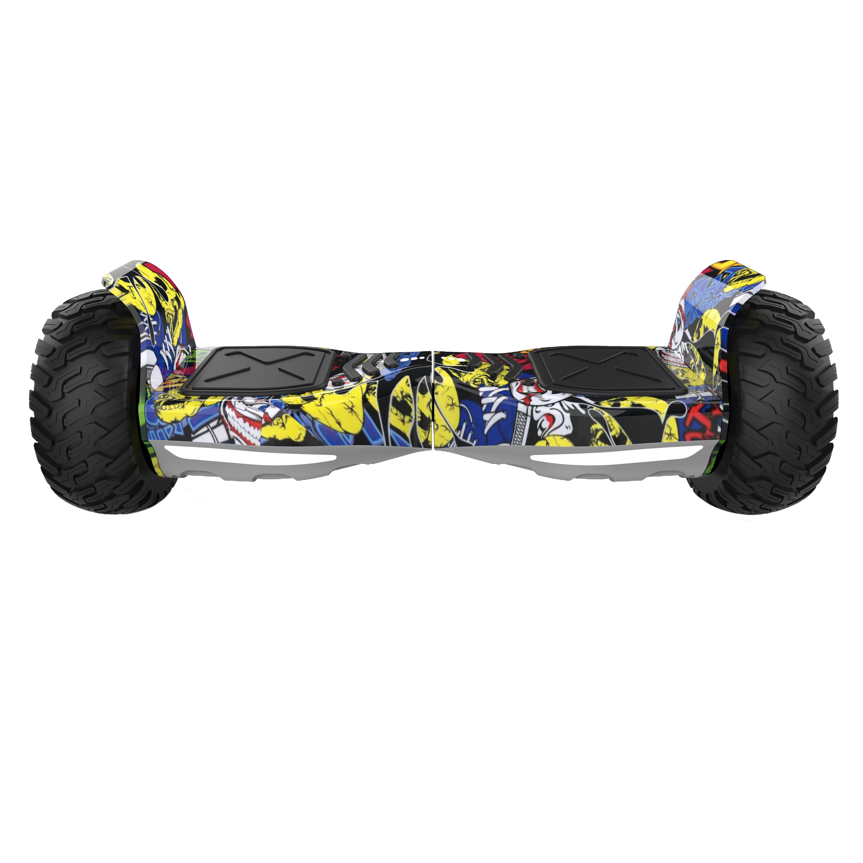 Un hoverboard colorido con neumáticos negros y almohadillas negras. La tabla tiene arte de graffiti.