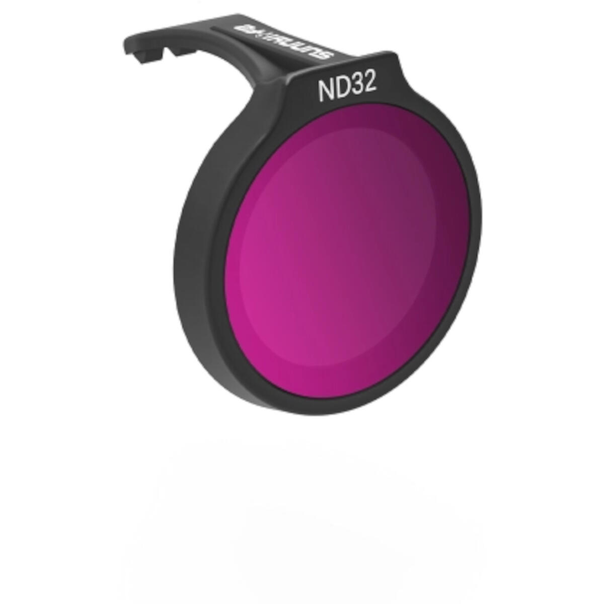 Een zwarte ND32-filter met een paarse lens wordt getoond tegen een witte achtergrond.