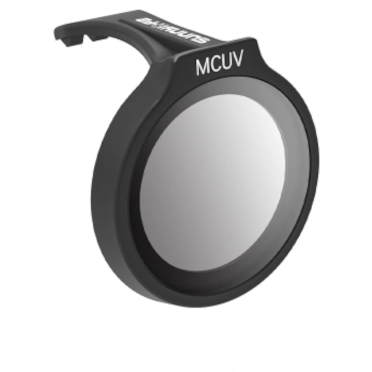 Een zwart MCUV-camera lensfilter met een zilveren filterelement. De filter heeft een gebogen handvat en de letters 'MCUV'.