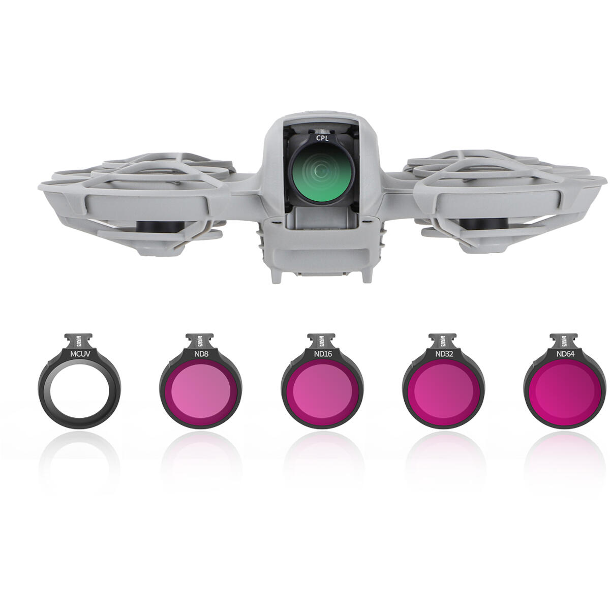 Een grijze drone met een camera en vijf cirkelvormige filters, elk gelabeld met filtertypen (MCLU, ND8, ND16, ND32, ND64).