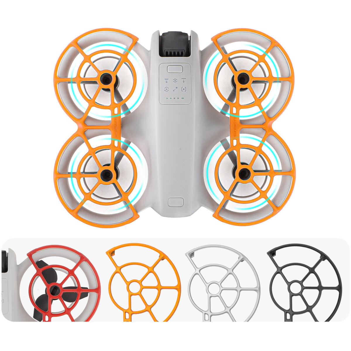 Een witte drone met oranje beschermers rond de propellers. Daaronder gekleurde propellerbeschermers: rood, oranje, zilver en zwart.