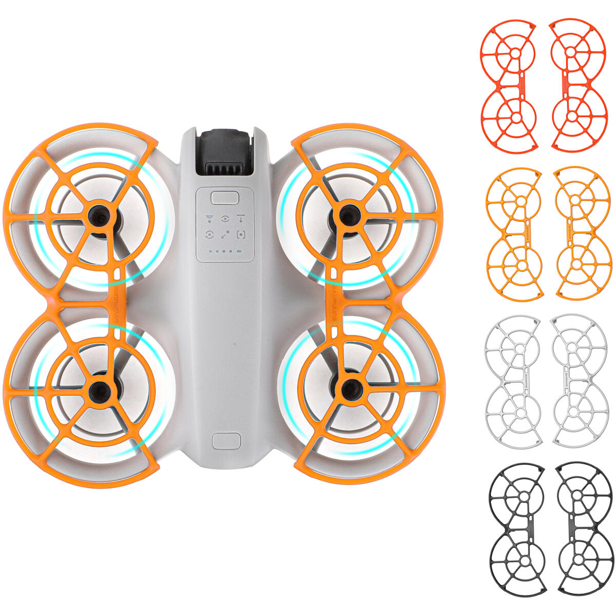 Een witte drone met oranje beschermkappen en vier paar gekleurde beschermkappen: rood, oranje, zilver en zwart.