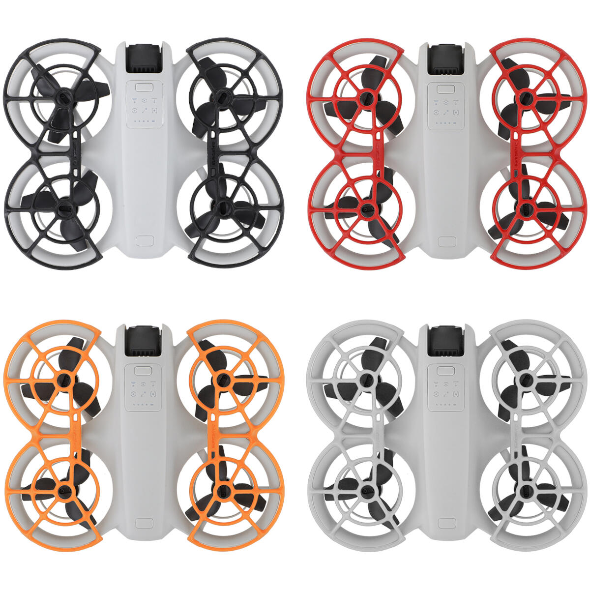 Vier drones met propellerbeschermers in verschillende kleuren: zwart, rood, oranje en grijs. Alle hebben grijze lichamen.