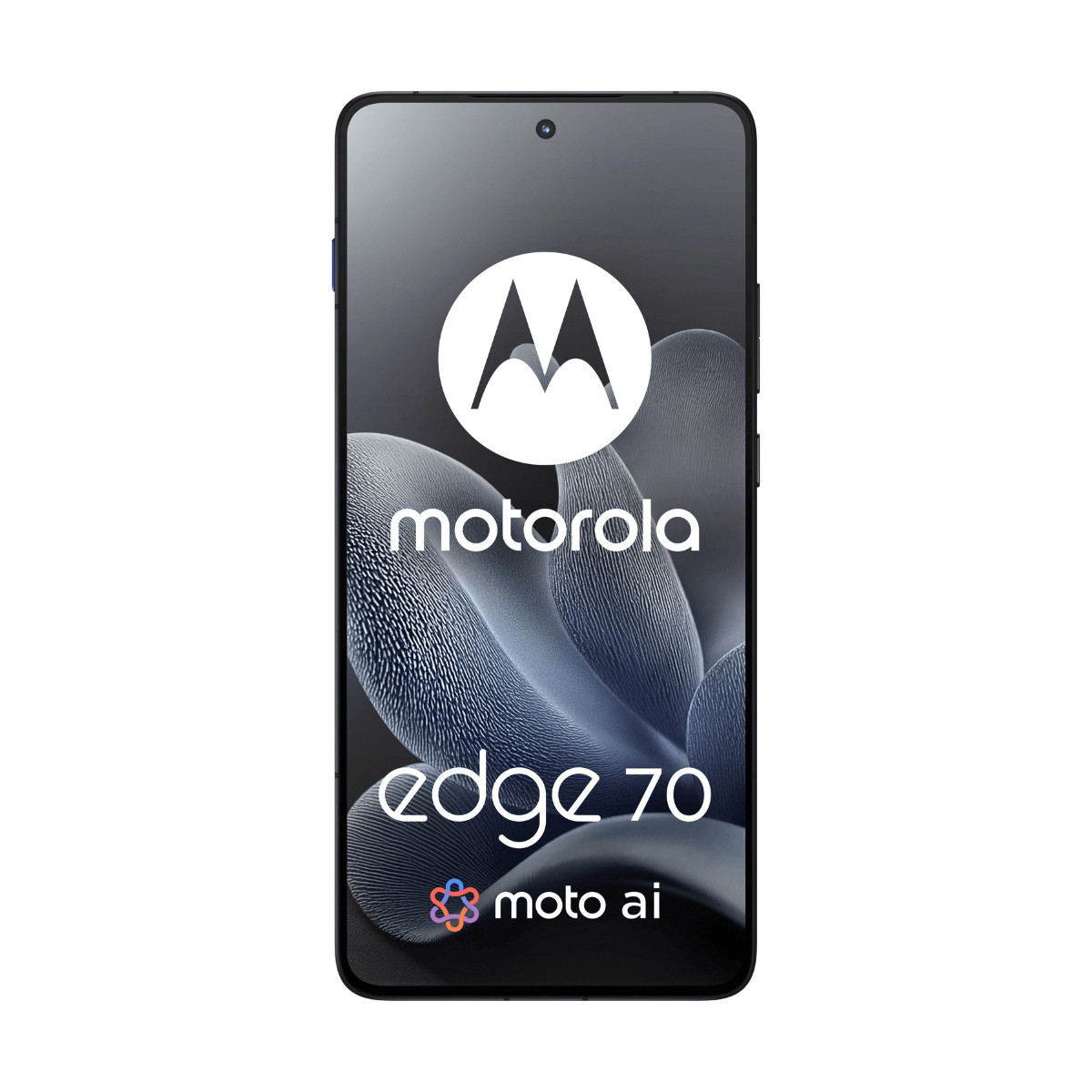 Telefon Motorola Edge 70 z logo Motorola. Ekran wyświetla kwiatowy wzór. Telefon jest czarny, na białym tle.