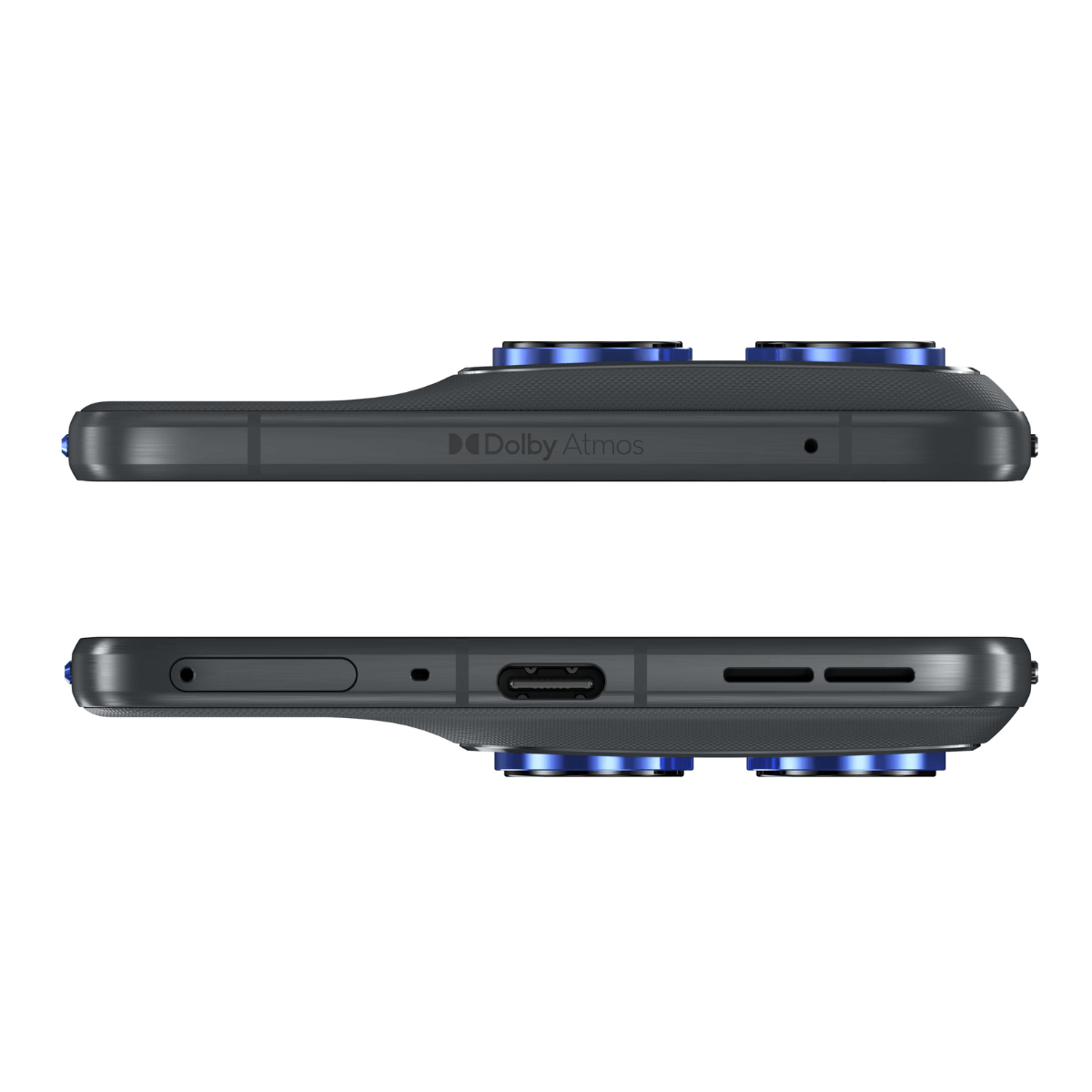 Dwa widoki z boku ciemnoszarego smartfona z niebieskimi pierścieniami aparatu, logo Dolby Atmos i portem ładowania. Białe tło.