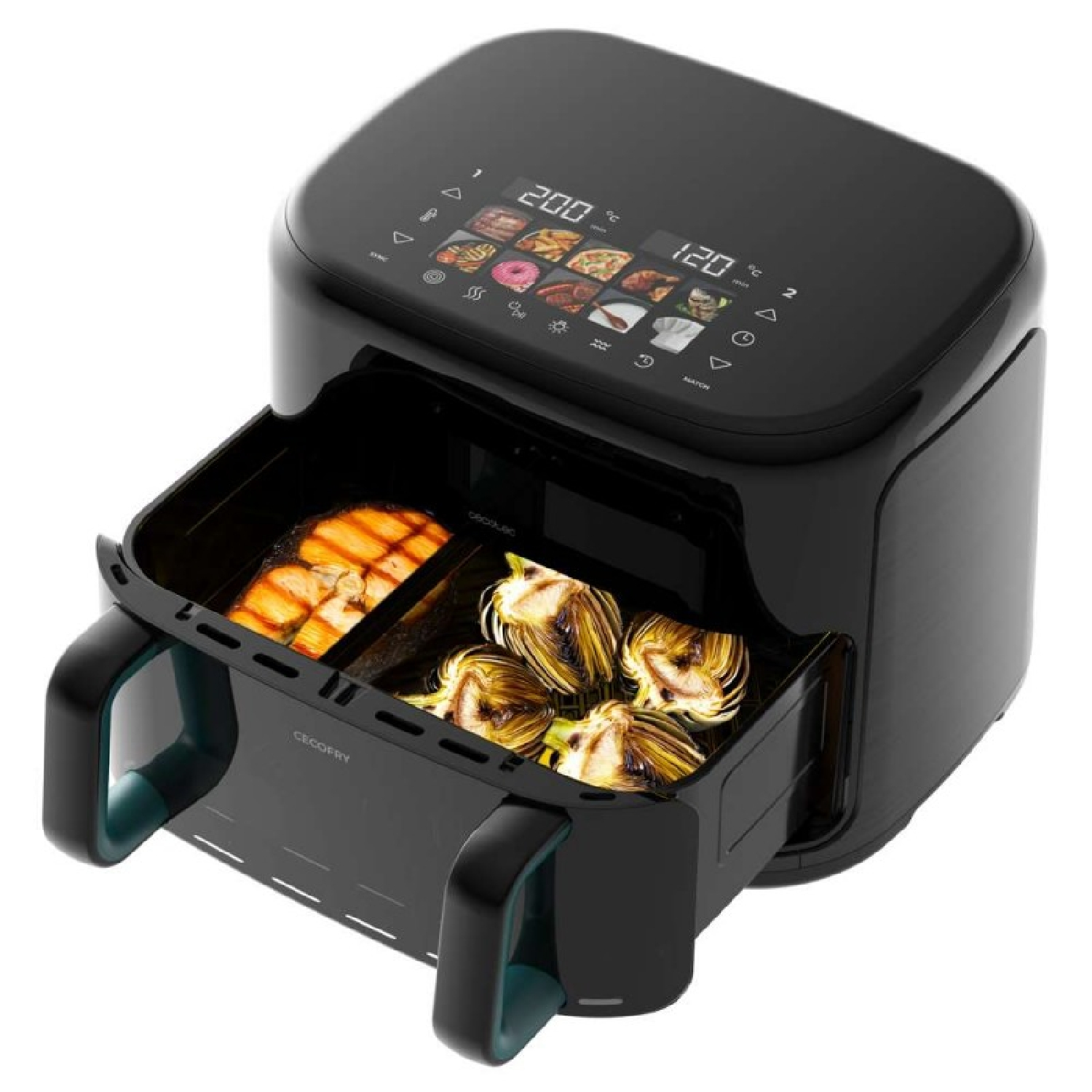 Una freidora de aire negra con comida dentro, una pantalla digital muestra la configuración. El cajón contiene salmón y alcachofas.