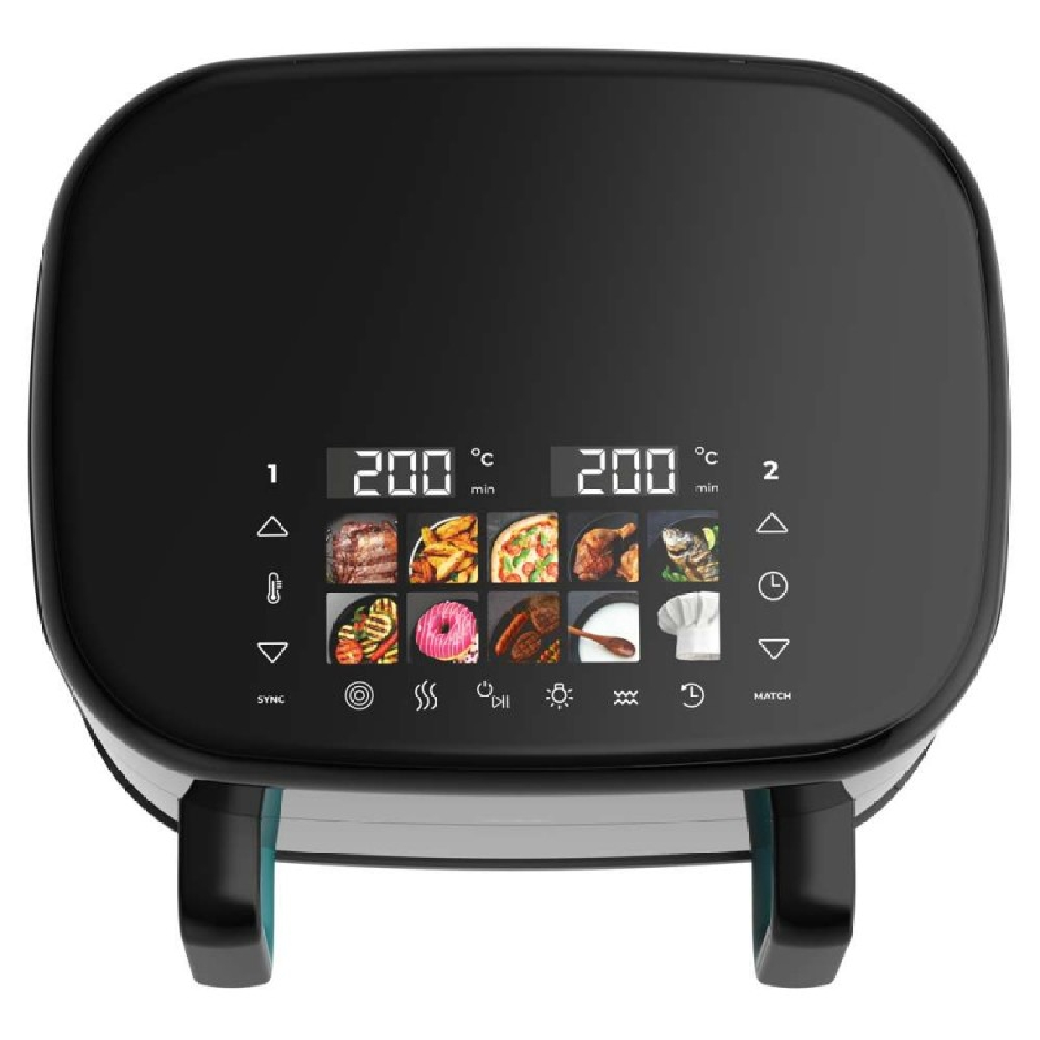 Freidora de aire negra con pantalla digital que muestra la temperatura y opciones de cocción. Se muestran varios iconos de alimentos en la pantalla.