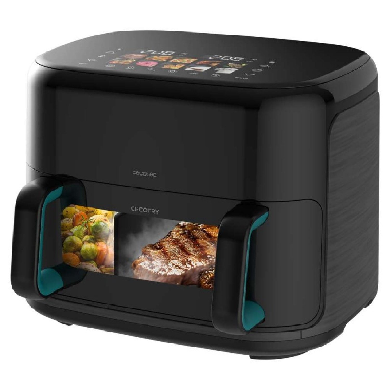 Una freidora de aire Cecotec negra con dos compartimentos, uno con verduras y otro con un bistec. La parte superior tiene una pantalla digital.