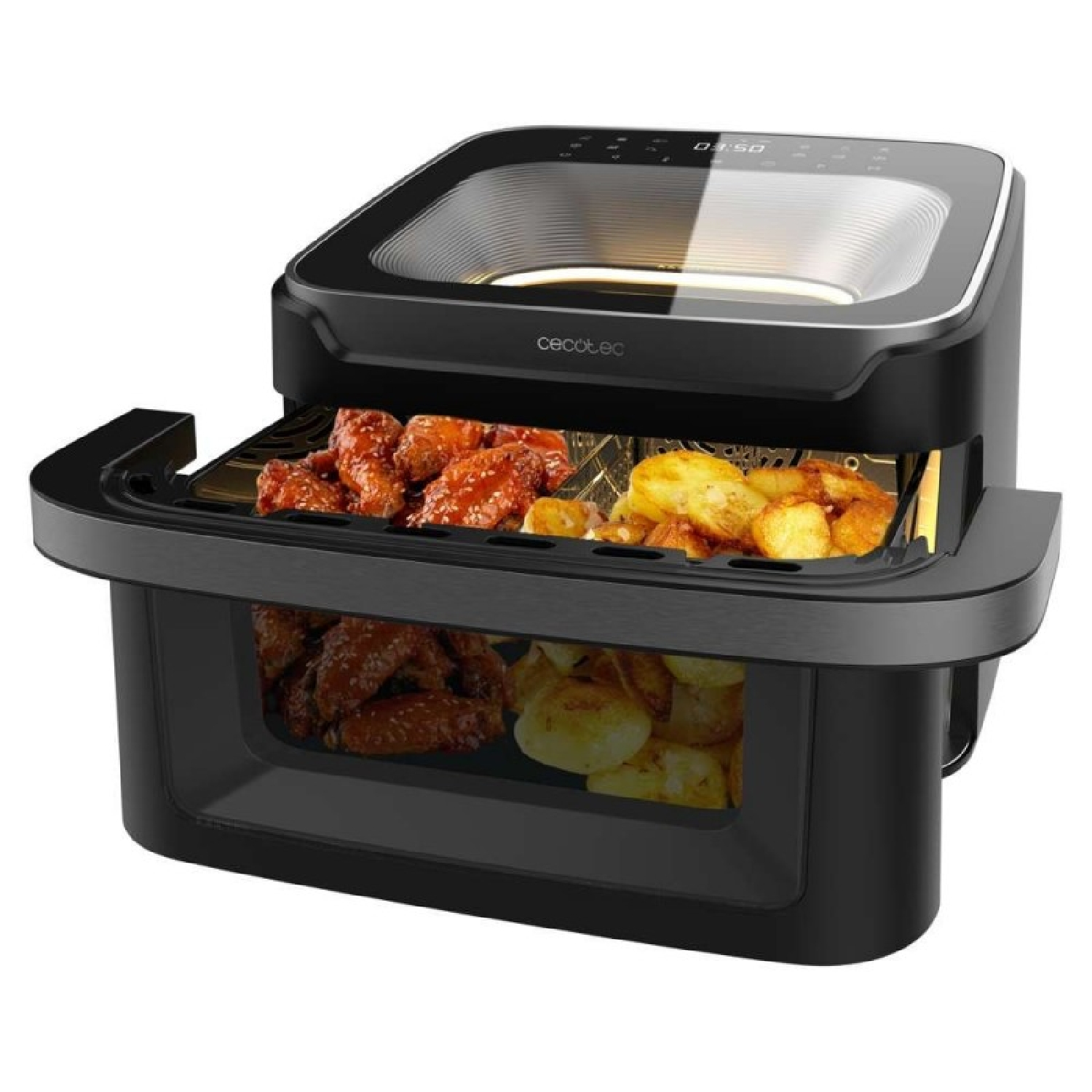 Freidora de aire negra con alitas de pollo y patatas dentro. Pantalla digital muestra la hora. Marca 'Cecotec'.