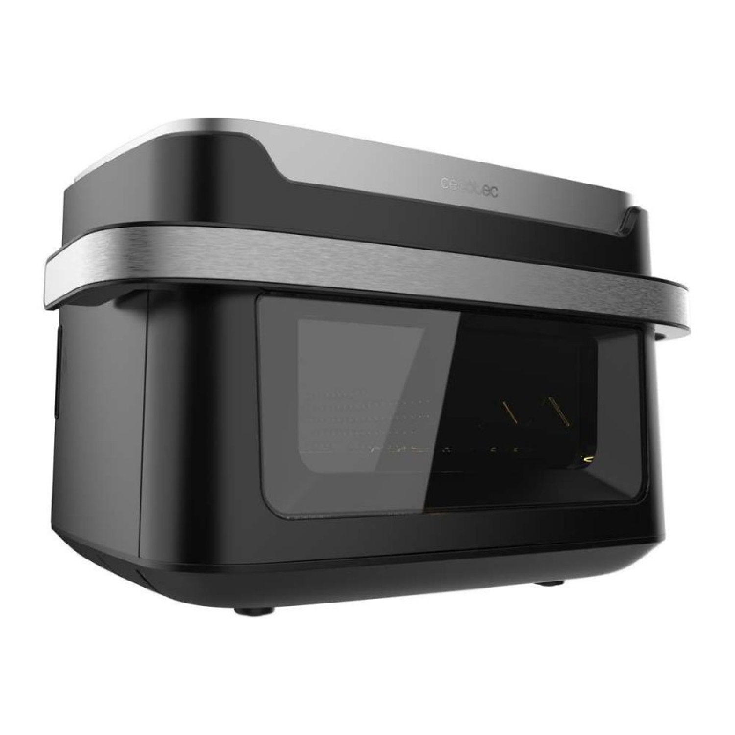 Un horno de encimera negro y plateado con puerta de cristal. La marca es visible en la parte superior. El horno está sobre un fondo blanco.