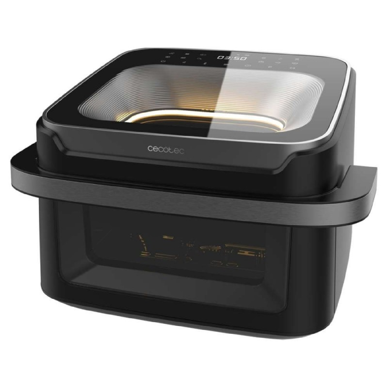 Una freidora de aire negra Cecotec con tapa transparente y pantalla digital. Tiene asa y forma rectangular, con interior visible.