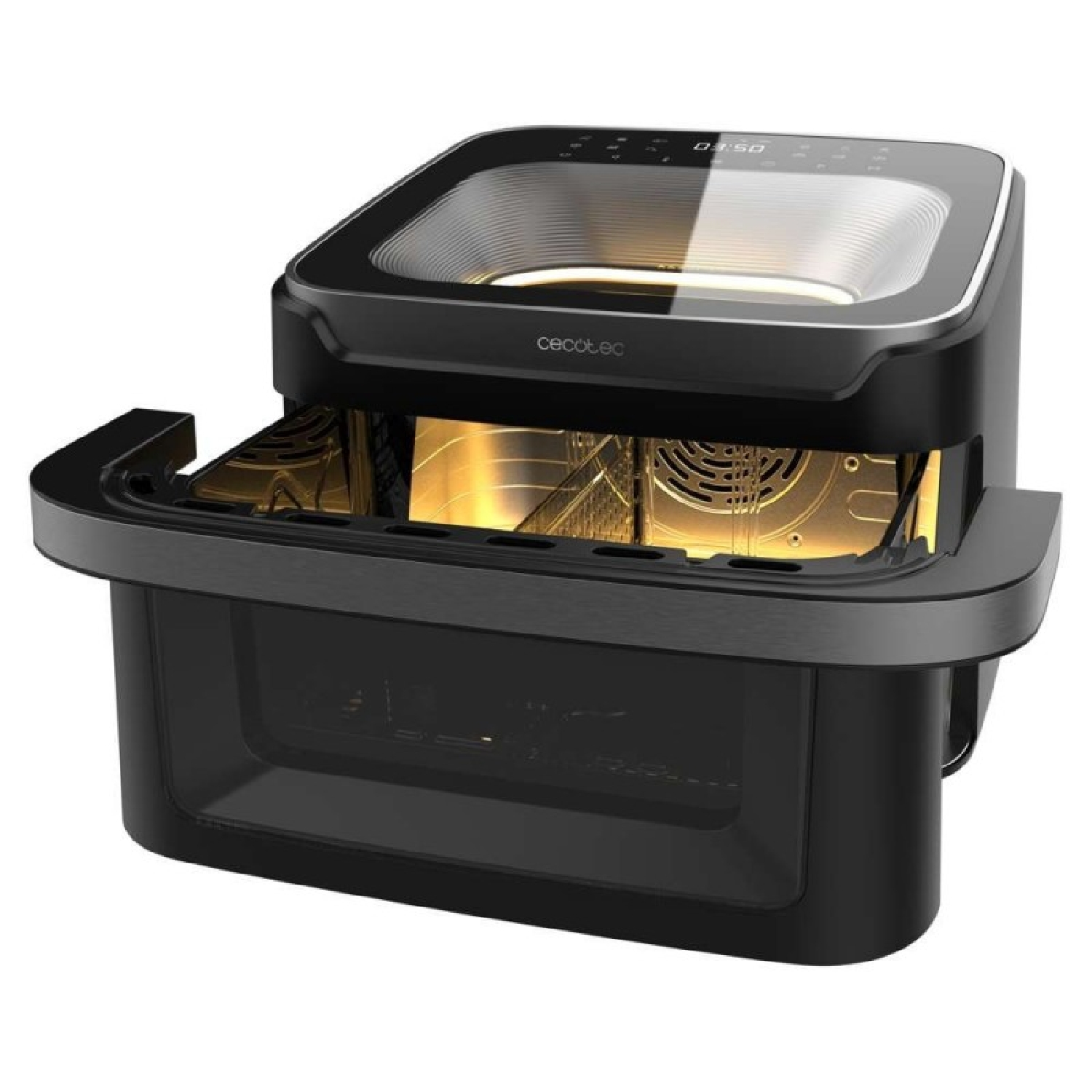 Una freidora de aire Cecotec negra con puerta transparente. El horno está abierto y el interior iluminado con luz amarilla.