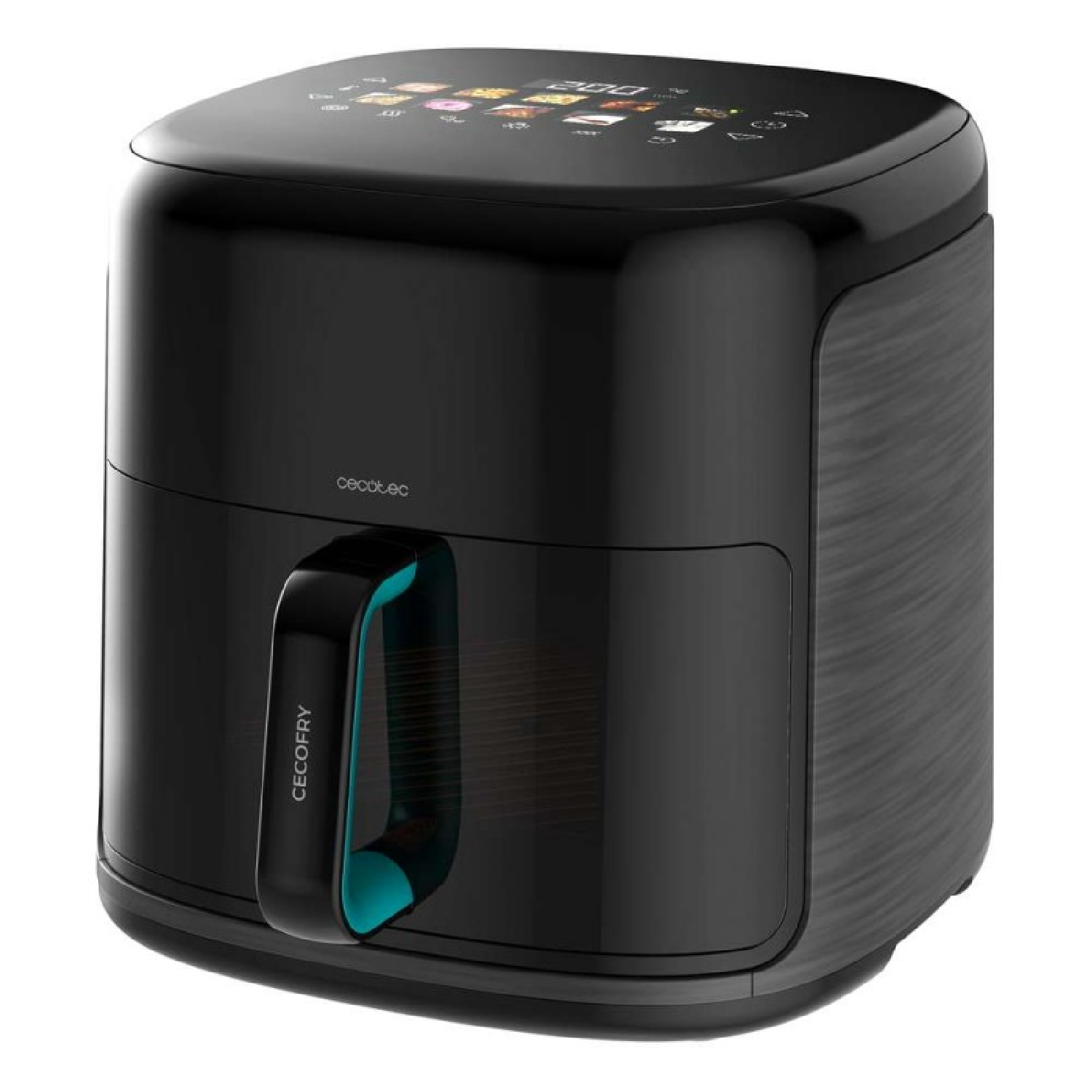 Zwarte airfryer met een digitaal display. Het heeft een handvat met een turquoise accent en een paneel met textuur.
