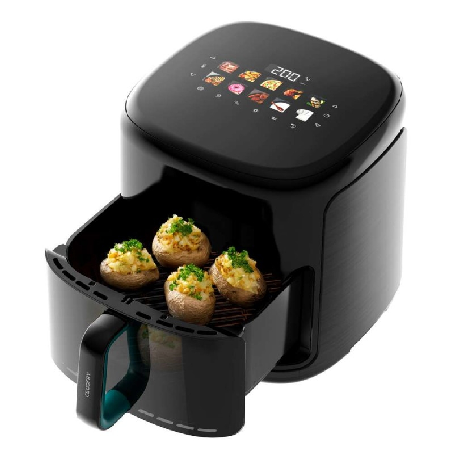 Een airfryer met vier gebakken aardappelen erin. De fryer is zwart met een digitaal display.
