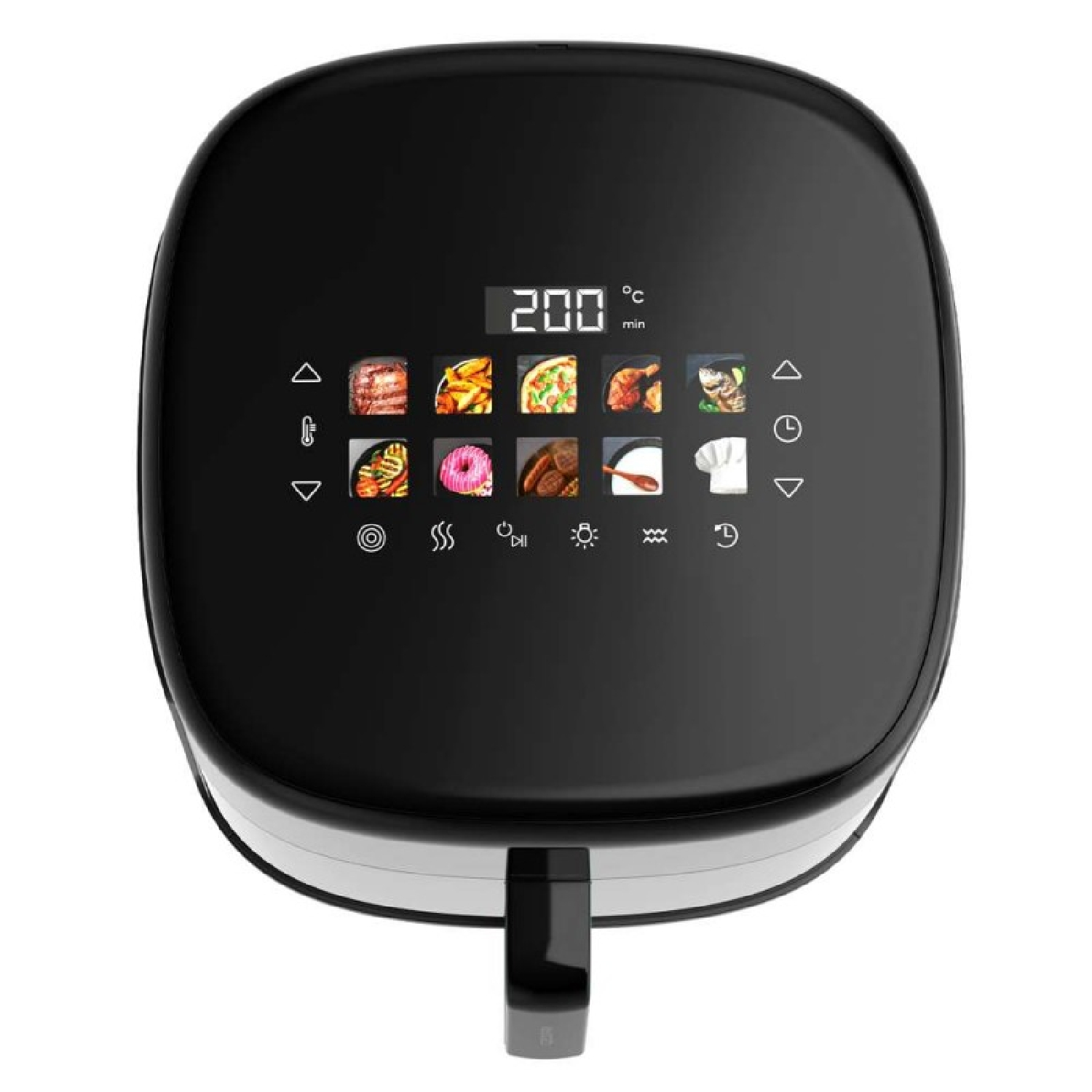 Een zwarte airfryer met een digitaal display met 200 graden en diverse kookvoorkeuzes. Hij heeft een handvat en een witte basis.