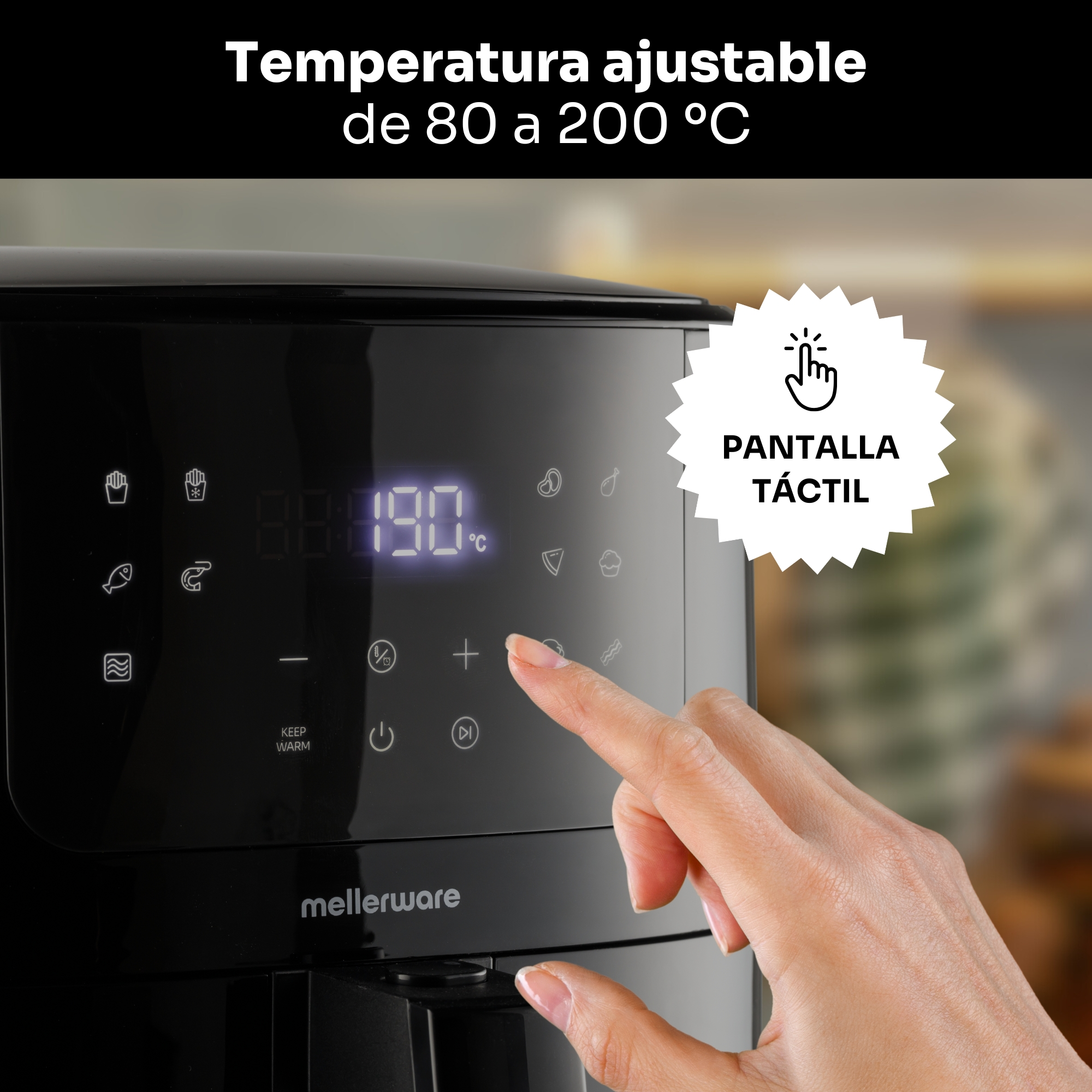Una mano toca la pantalla táctil de una freidora de aire. La pantalla muestra 190°C. Texto: Temperatura ajustable de 80 a 200°C.