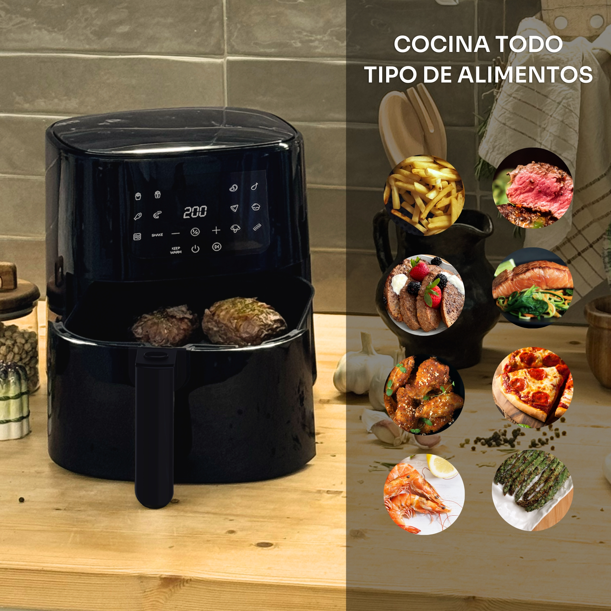 Freidora de aire negra con comida adentro, rodeada de muestras de alimentos cocinados. El texto dice 'Cocina todo tipo de alimentos'.