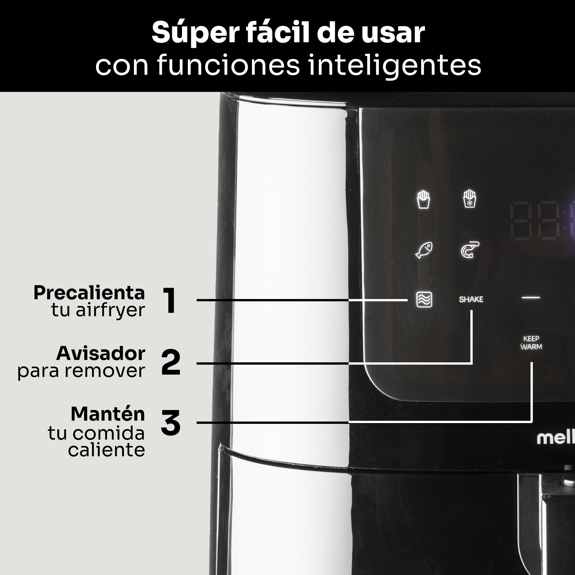 Panel de control negro de freidora de aire con iconos de papas fritas, pescado y camarones, pantalla digital y etiquetas.