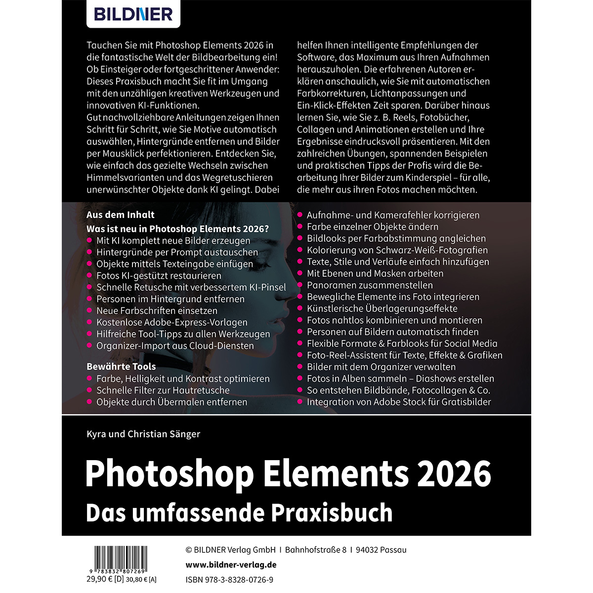 Buchcover für Photoshop Elements 2026. Titel in Weiß. Listet Funktionen und Details über das Buch und die Software.