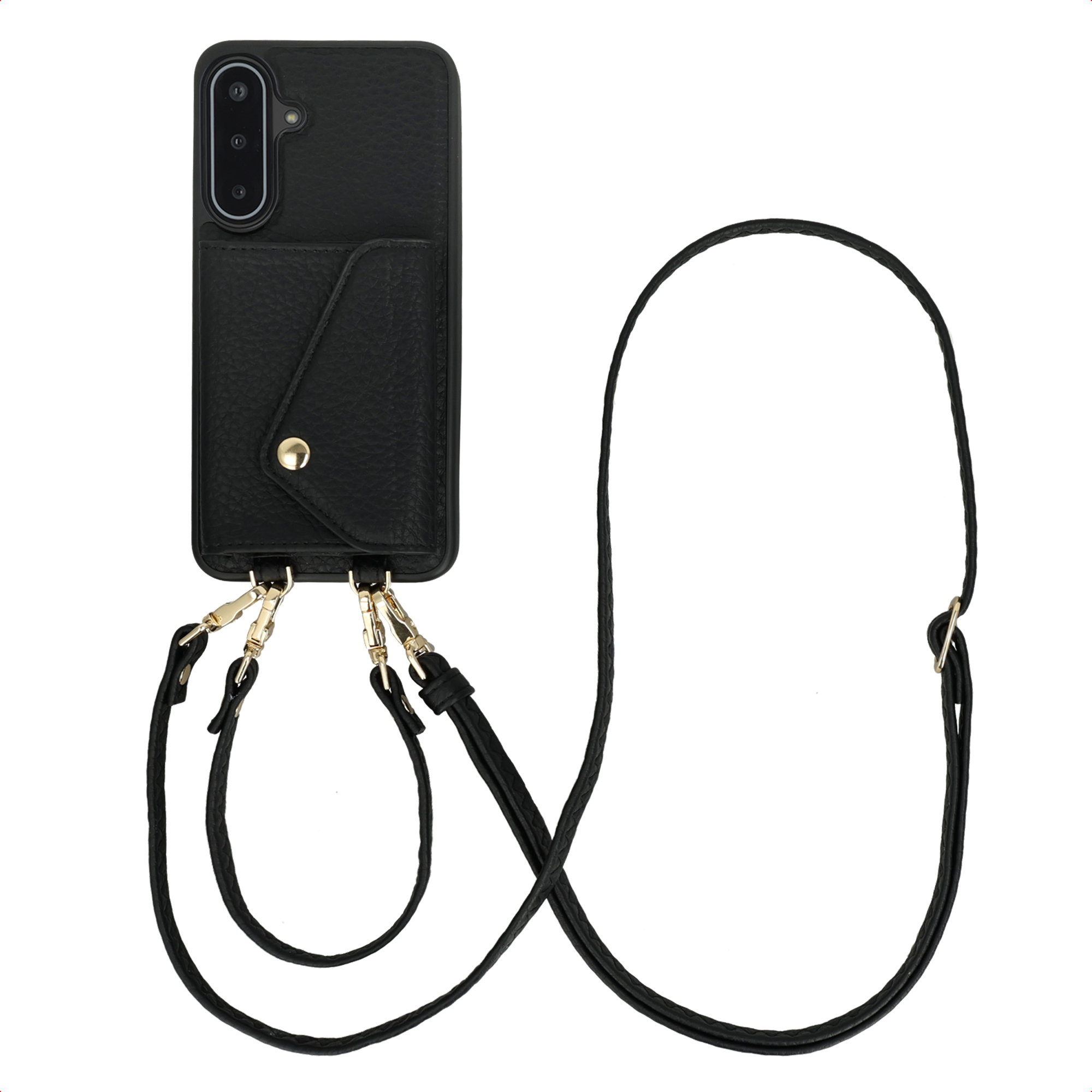 Zwarte telefoonhoes met een bandje. Het heeft een kaarthouder en een gouden knop. Het bandje is zwart.