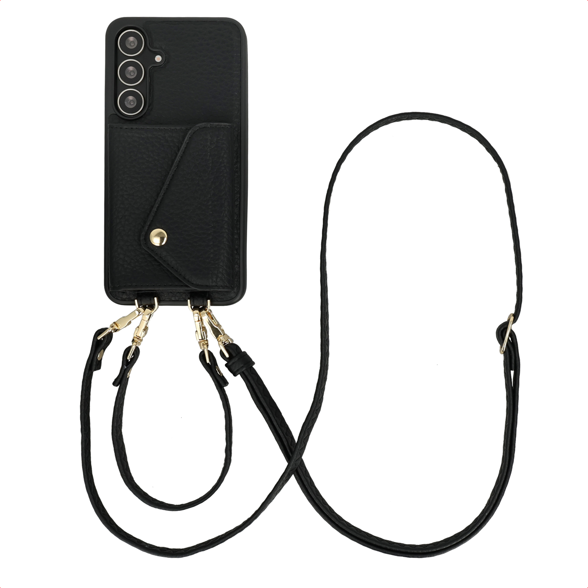 Zwarte telefoonhoes met kaarthouder en riem. Gouden sluitingen en details. Witte achtergrond.