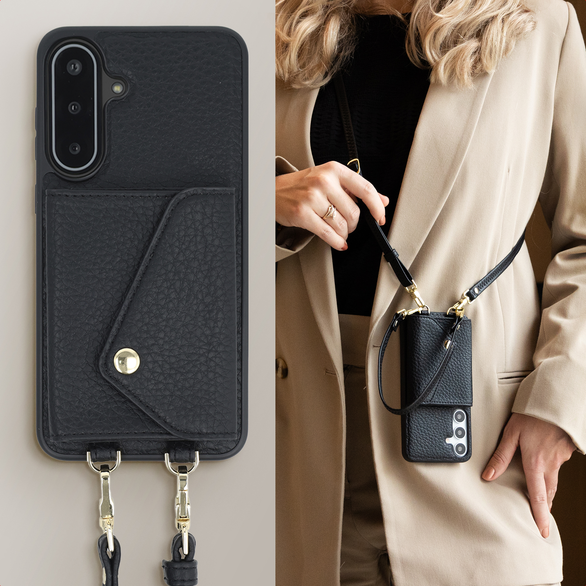 Een zwarte telefoonhoes met een band, gedragen door een persoon in een beige blazer. De hoes heeft een zak.