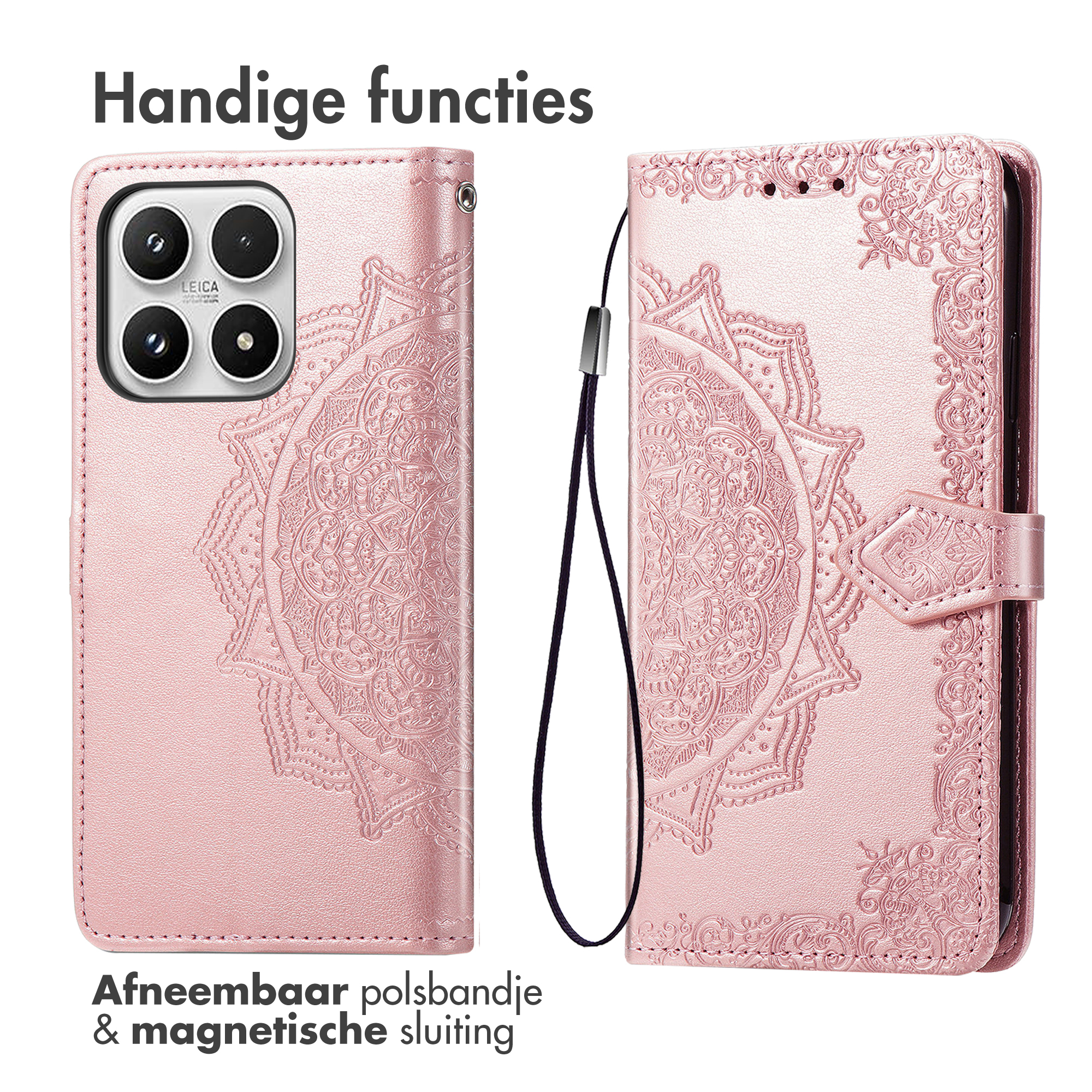 Étui de téléphone rose avec motif mandala et dragonne. Texte : Fonctions pratiques et dragonne amovible et fermeture magnétique.