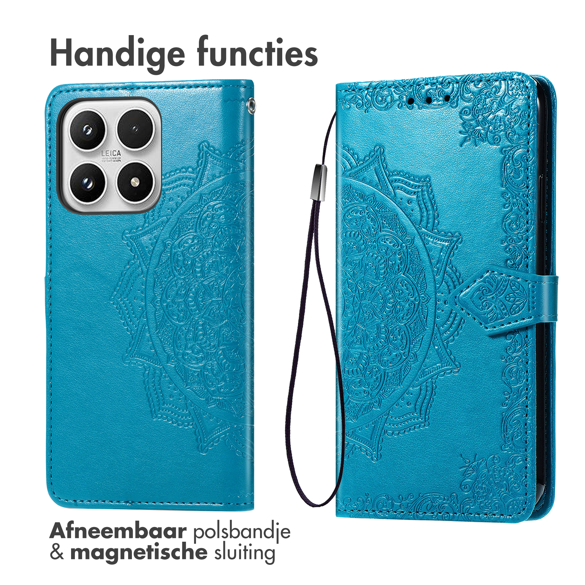 Un étui de téléphone turquoise est ouvert. Il a un motif mandala et une dragonne. L'étui est pour un téléphone avec plusieurs caméras.